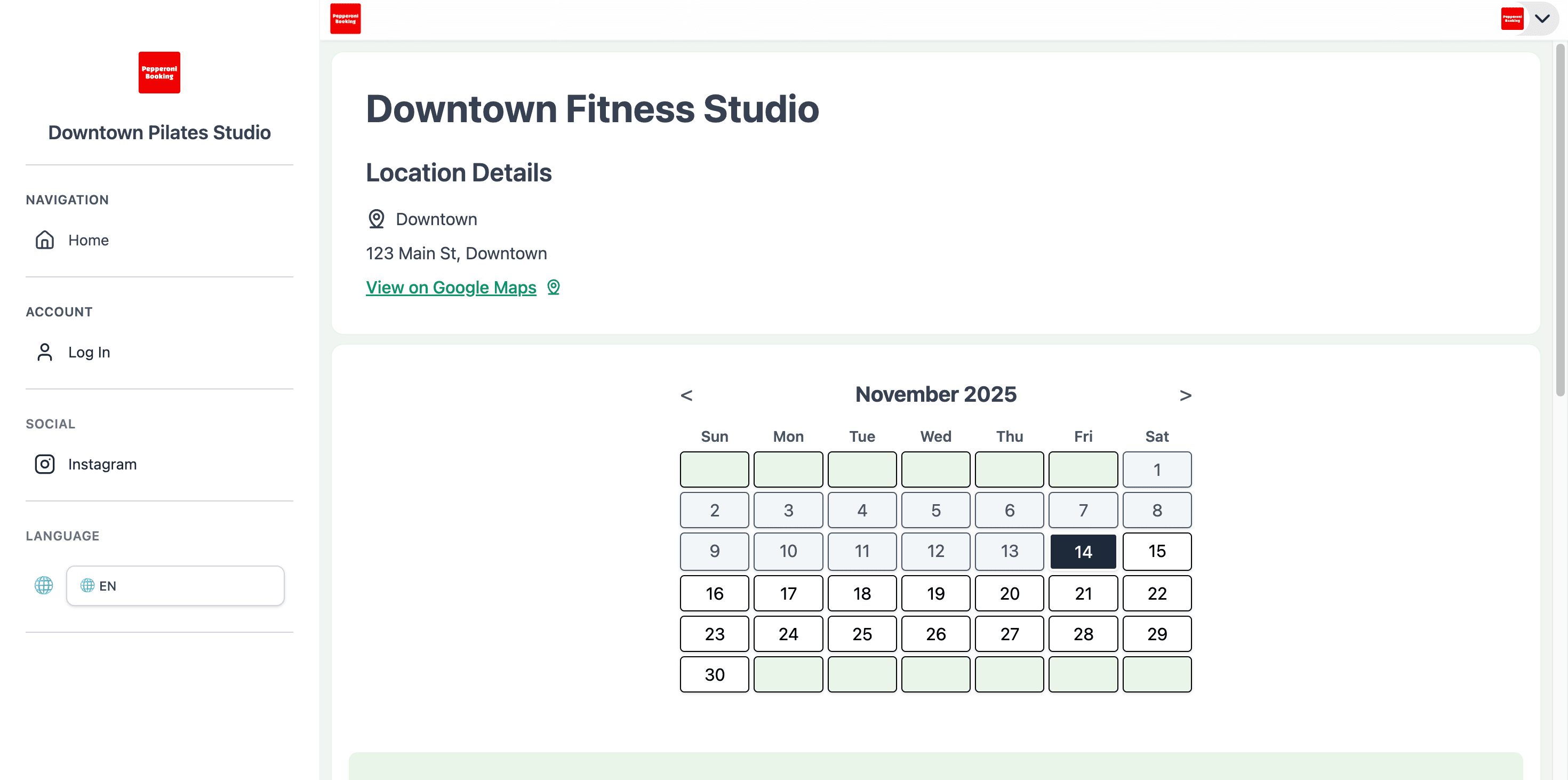 Group class calendar view