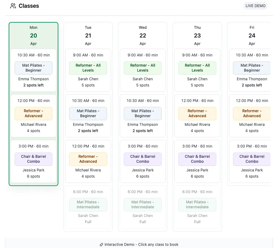 Weekly class schedule — live product UI