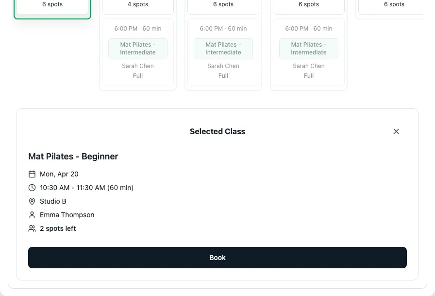 Class selected with booking confirmation panel